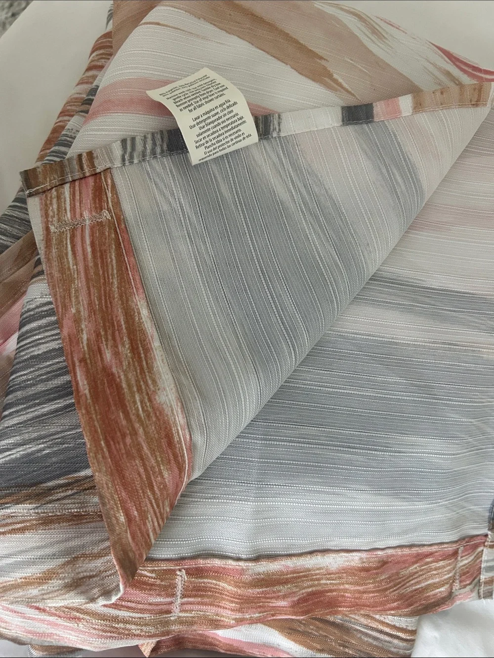 Shower Curtain fabrics white gray, taupe with silver rings. Mainstay, pre owned